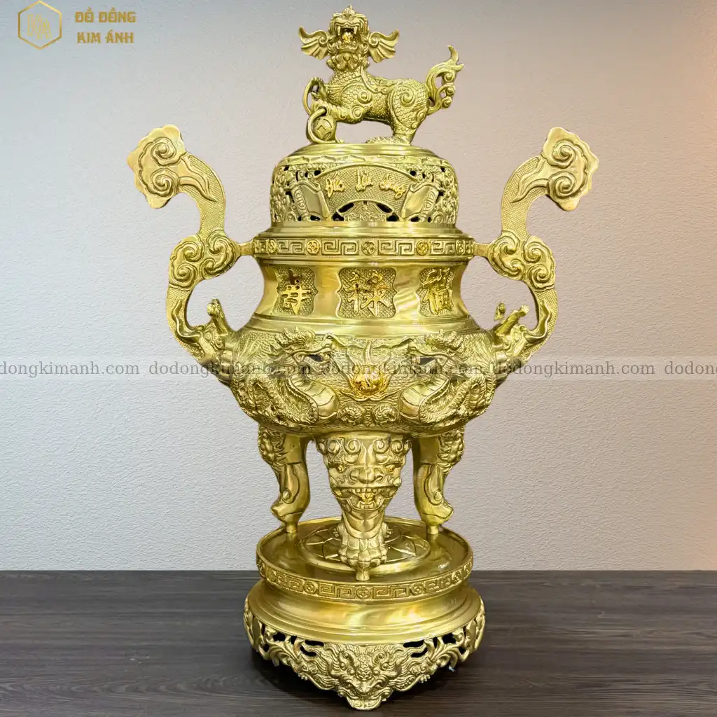 Đỉnh đồng song long chầu nguyệt 65 màu vàng mộc