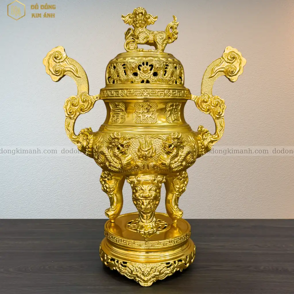 Đỉnh đồng song long chầu nguyệt 55 dát vàng 24K