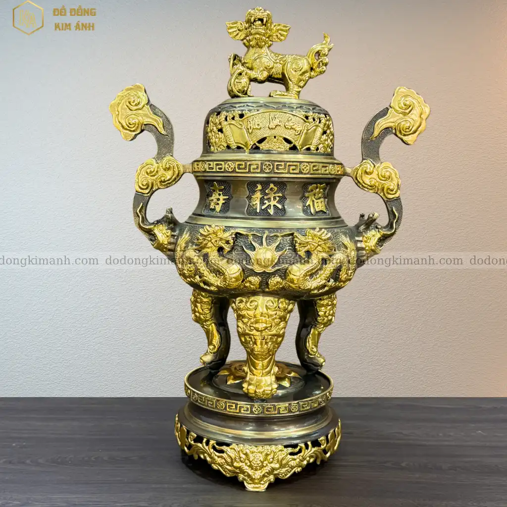 Đỉnh đồng song long chầu nguyệt 65 dát vàng điểm 24K