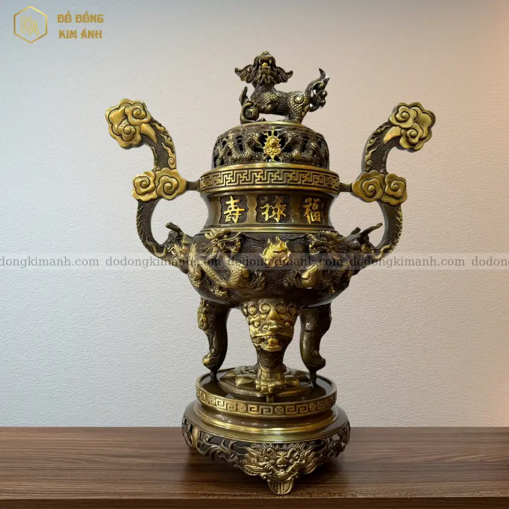 Đỉnh đồng song long chầu nguyệt 62 màu hun giả cổ