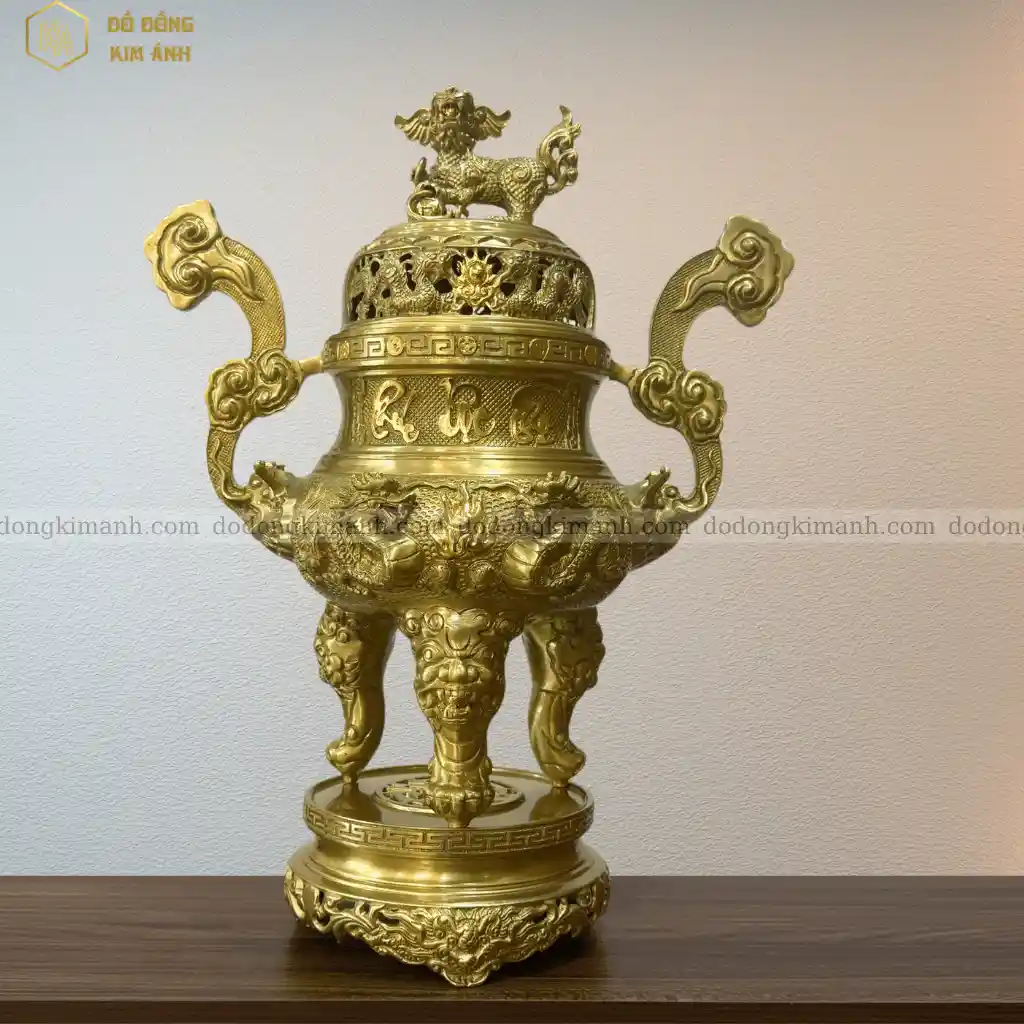 Đỉnh đồng song long chầu nguyệt 55 màu vàng mộc